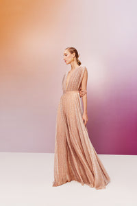 silver copper dotted supper flared jumpsuit with deep v opening 