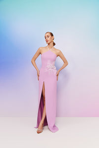 halter neck lilac tube dress with a slit and embroidered flower detail one one side  