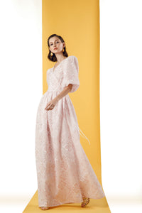 long pink floral organza dress with puffed sleeves 