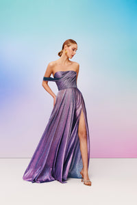 metallic lilac blue dress with two slits and draped upper part 