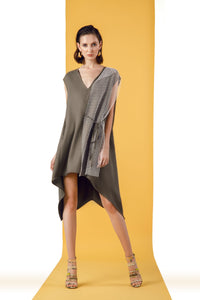 short kaki dress with an asymmetrical hemline and one side net layer 