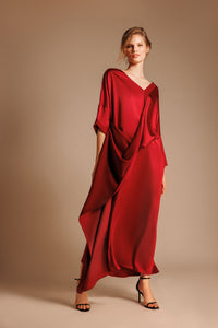 red satin long loose dress with a twisted layer 