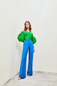 green off shoulder top with puffed sleeves 