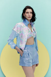 blue bomber jacket with a mixture brocade, crepe georgette and denim 