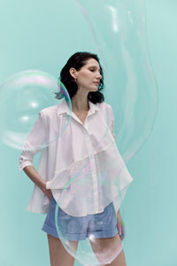 flared white poplin and organza shirt  