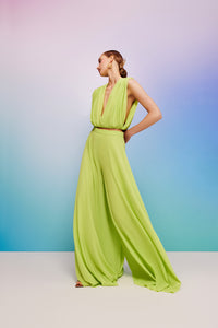 green gathered top with deep v opening 