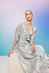 blue gold long kaftan with ruffles 