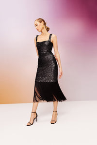 black sequin midi fitted dress with fringes 