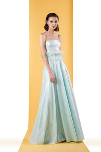 Strapless long flared aqua sequin dress with a belt