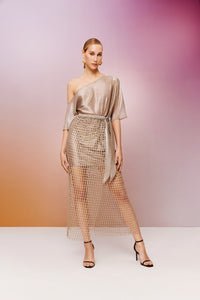 net set: off shoulder gold jersey short dress with a removable long net skirt 