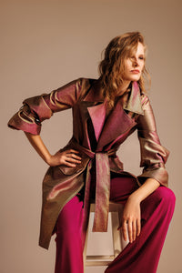 metallic fuchsia and gold trench coat 