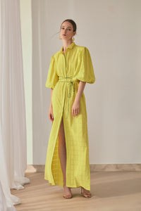 casual long pistachio shirt dress with 3/4 puffed sleeved 