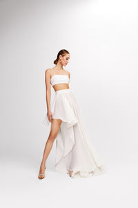 asymmetrical white organza skirt with gathering 